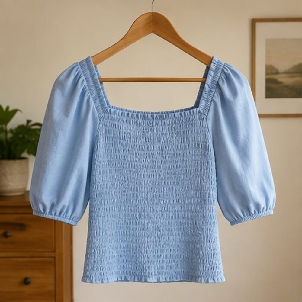 Powder Blue Smocked Puff Sleeve Top
